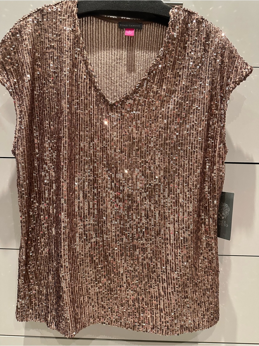 Vince Camuto Rose-Gold Sequin V-Neck Sleeveless Top
